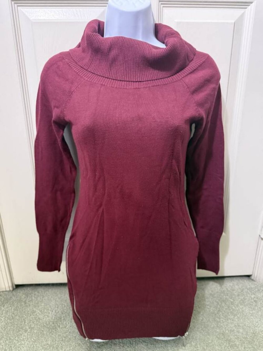 Guess Burgundy Cowl Neck Side Zip Sweater Dress XS/P